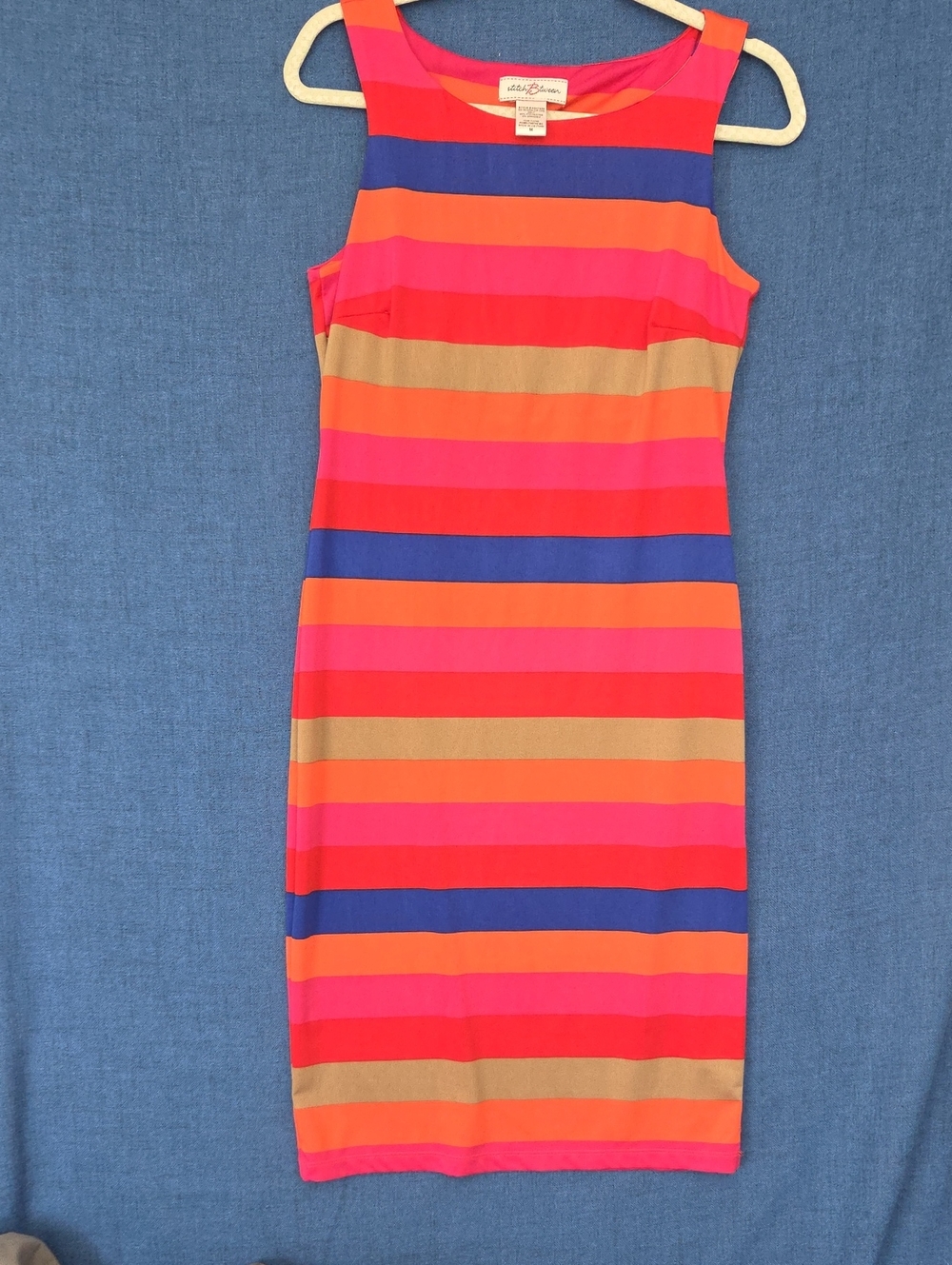 Striped Midi Sheath Sleeveless Tank Dress in Pink, Orange, Blue, Tan Stripes